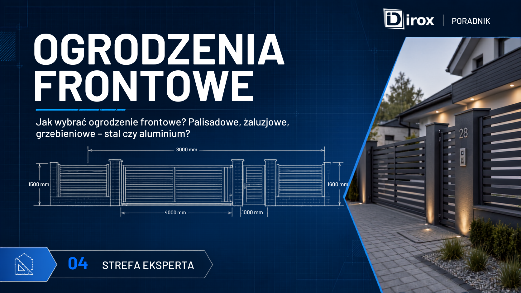 Nowoczesne ogrodzenie frontowe z poziomych profili przy domu jednorodzinnym