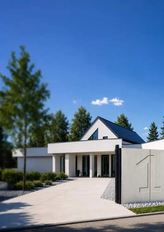 Betonowy front z szerokim wjazdem