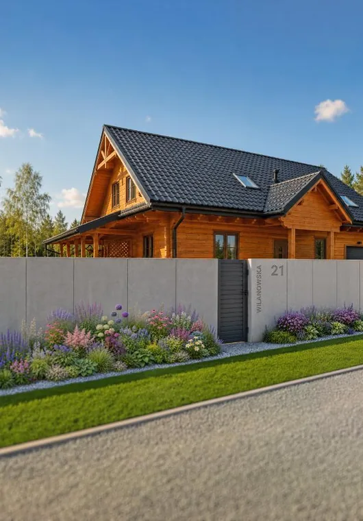 Betonowy mur przy drewnianej architekturze